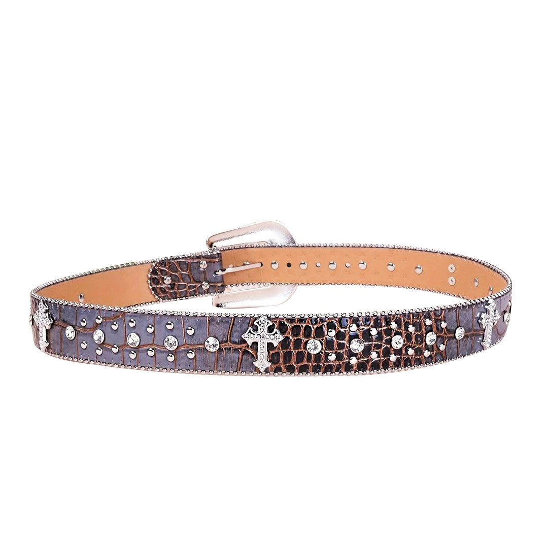 Patterned Brown Strap With Crystal Studded Cross Belt