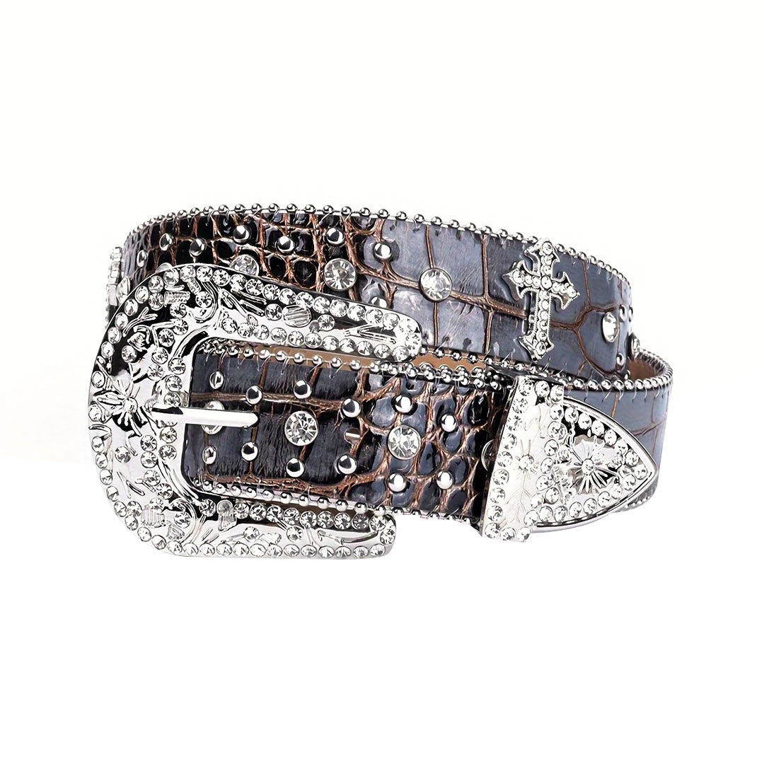 Patterned Brown Strap With Crystal Studded Cross Belt