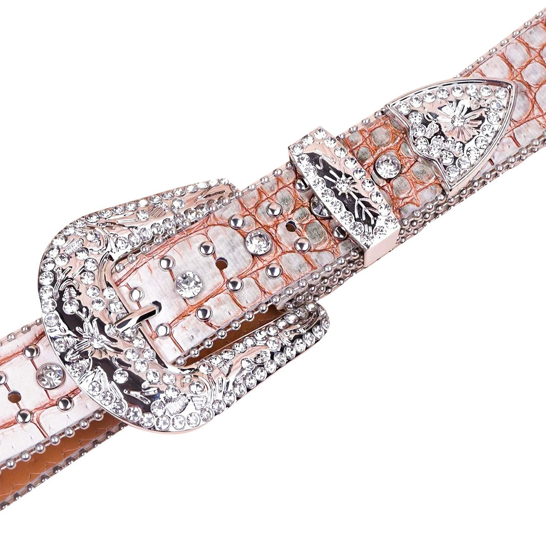Patterned Beige Strap With Crystal Studded Cross Rhinestone Belt