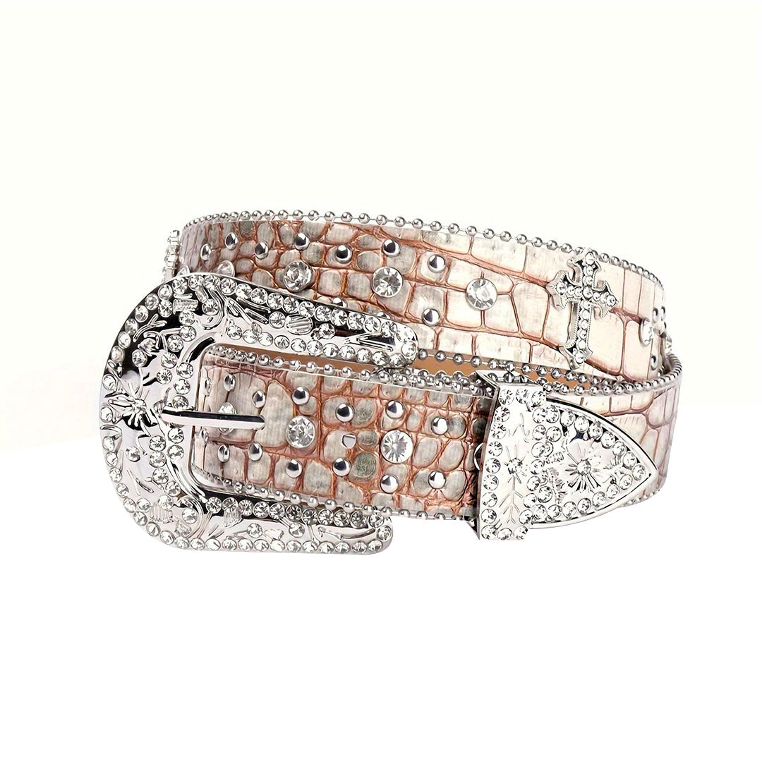 Patterned Beige Strap With Crystal Studded Cross Rhinestone Belt