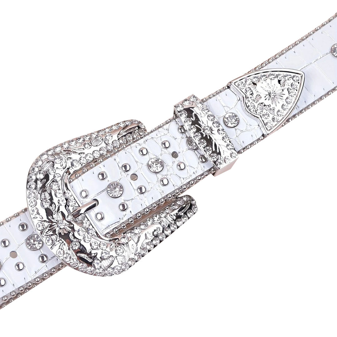 Patterned White Strap With Crystal Studded Cross Rhinestone Belt