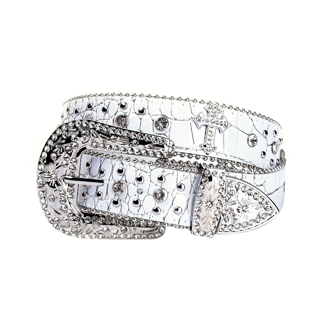 Patterned White Strap With Crystal Studded Cross Rhinestone Belt