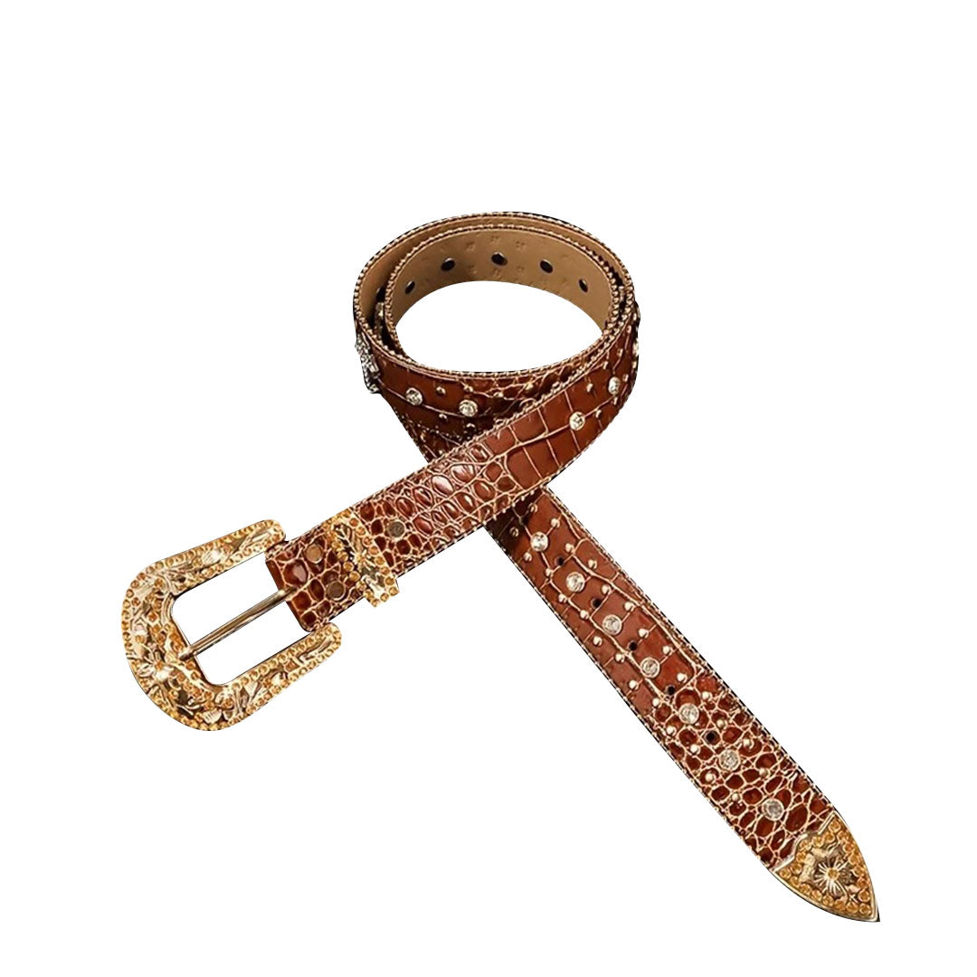 Patterned Brown Strap With Crystal & Metal Studded Cross Belt