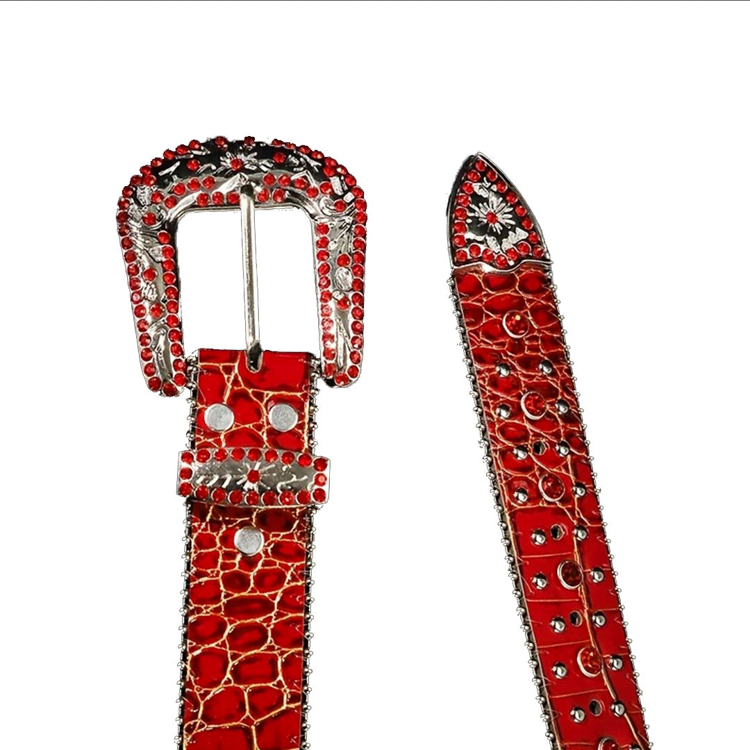 Patterned Red Strap With Red & Metal Studded Cross Belt