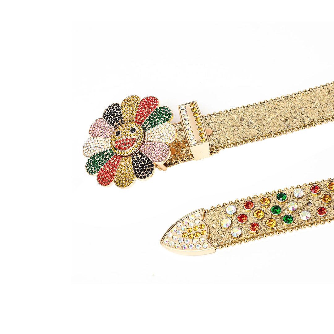 Floral Buckle Gold Strap With Multi Studded Rhinestone Belt