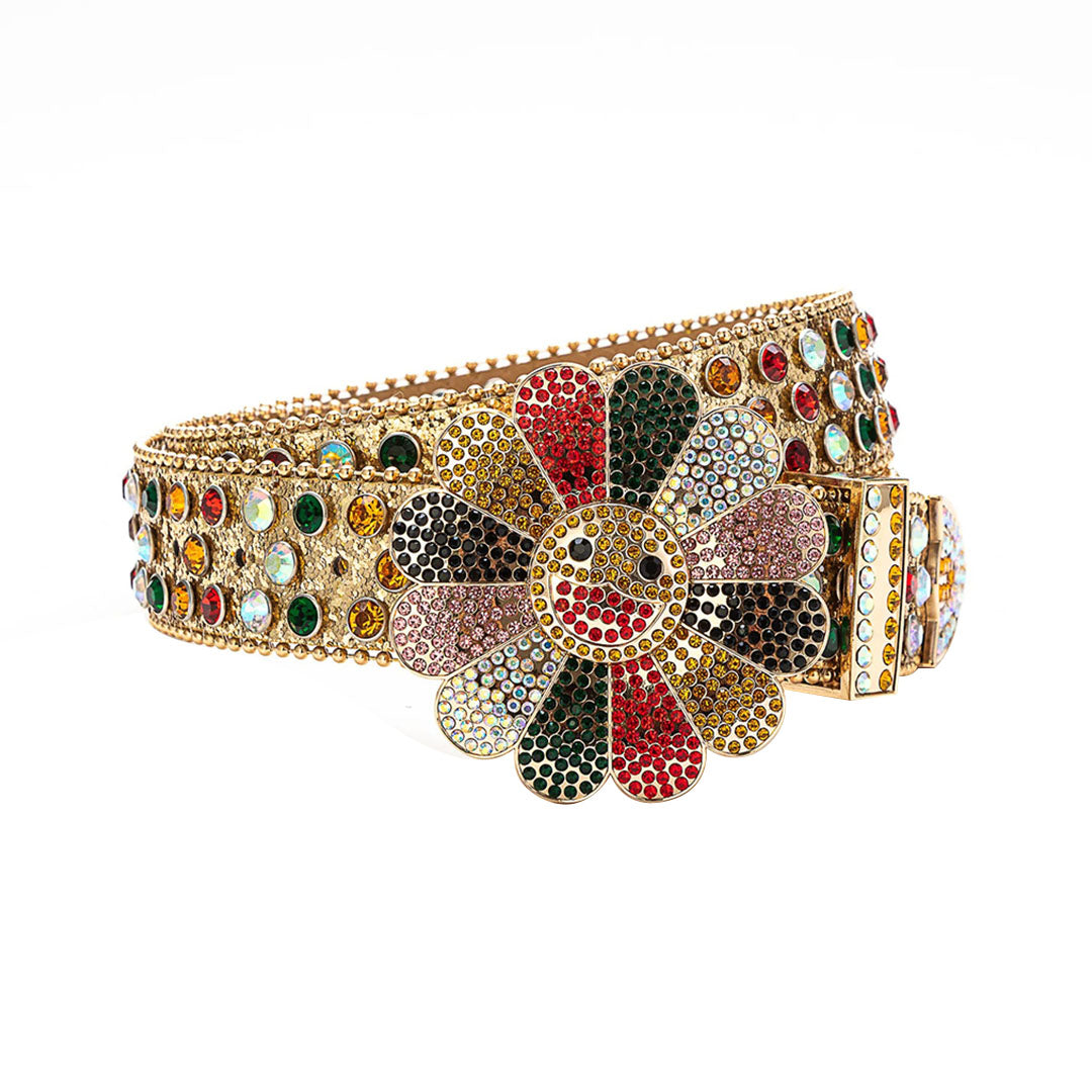Floral Buckle Gold Strap With Multi Studded Rhinestone Belt