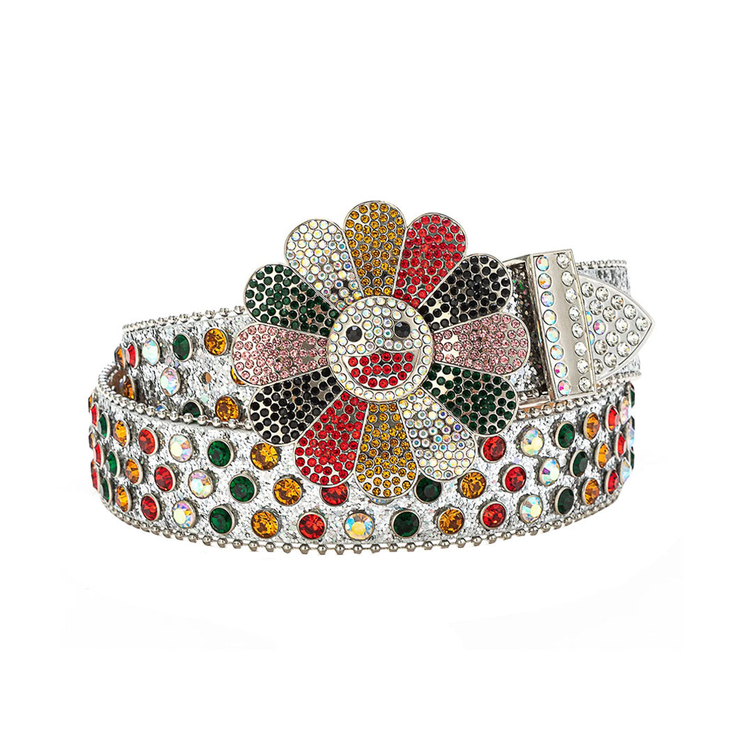 Floral Buckle Silver Strap With Multi Studded Rhinestone Belt
