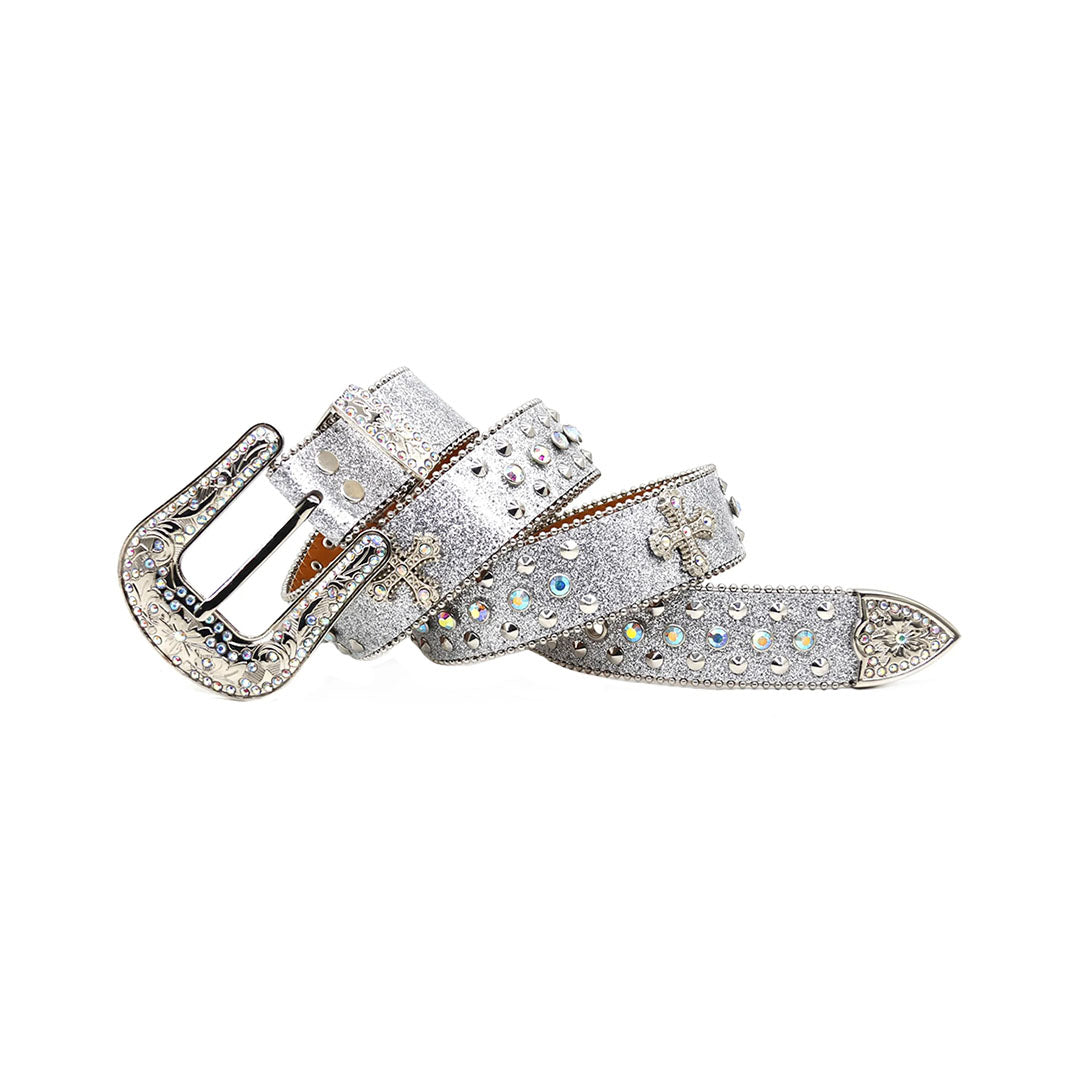 Shiny Silver Strap With Metal Studded Cross Rhinestone Belt