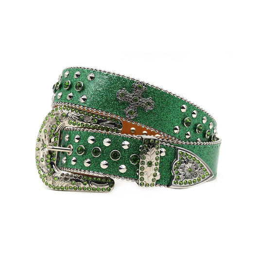 Green Strap With Metal Studded Cross Rhinestone Belt
