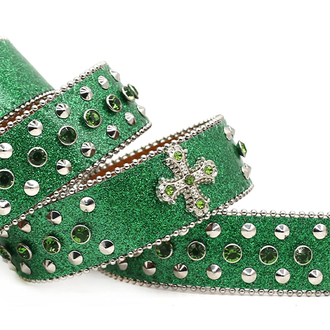 Green Strap With Metal Studded Cross Rhinestone Belt
