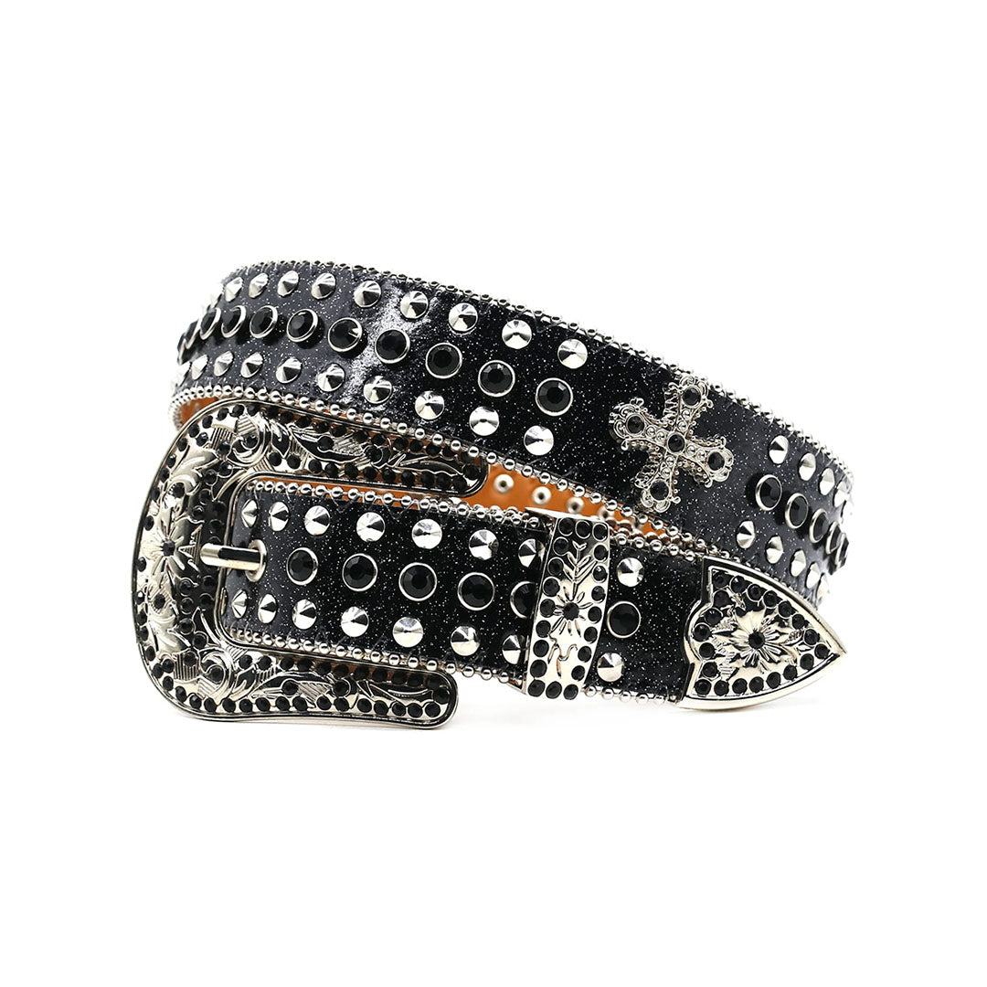 Black Strap With Metal Studded Cross Rhinestone Belt