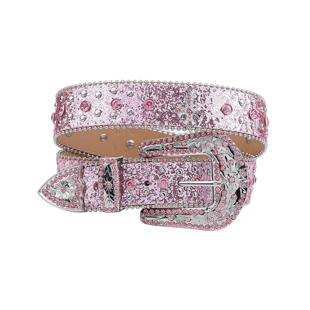Shiny Pink Strap With Crystal Studded Cross Rhinestone Belt