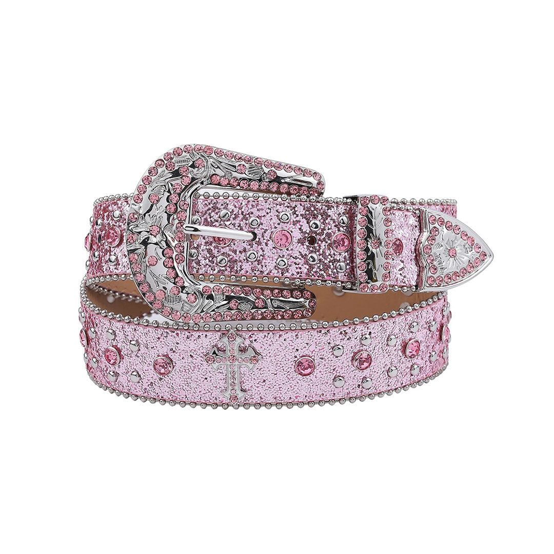 Shiny Pink Strap With Crystal Studded Cross Rhinestone Belt