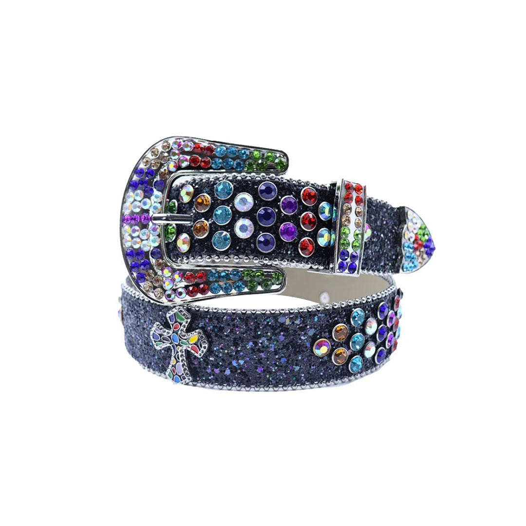 Shiny Black Strap With Multi Studded Cross Rhinestone Belt