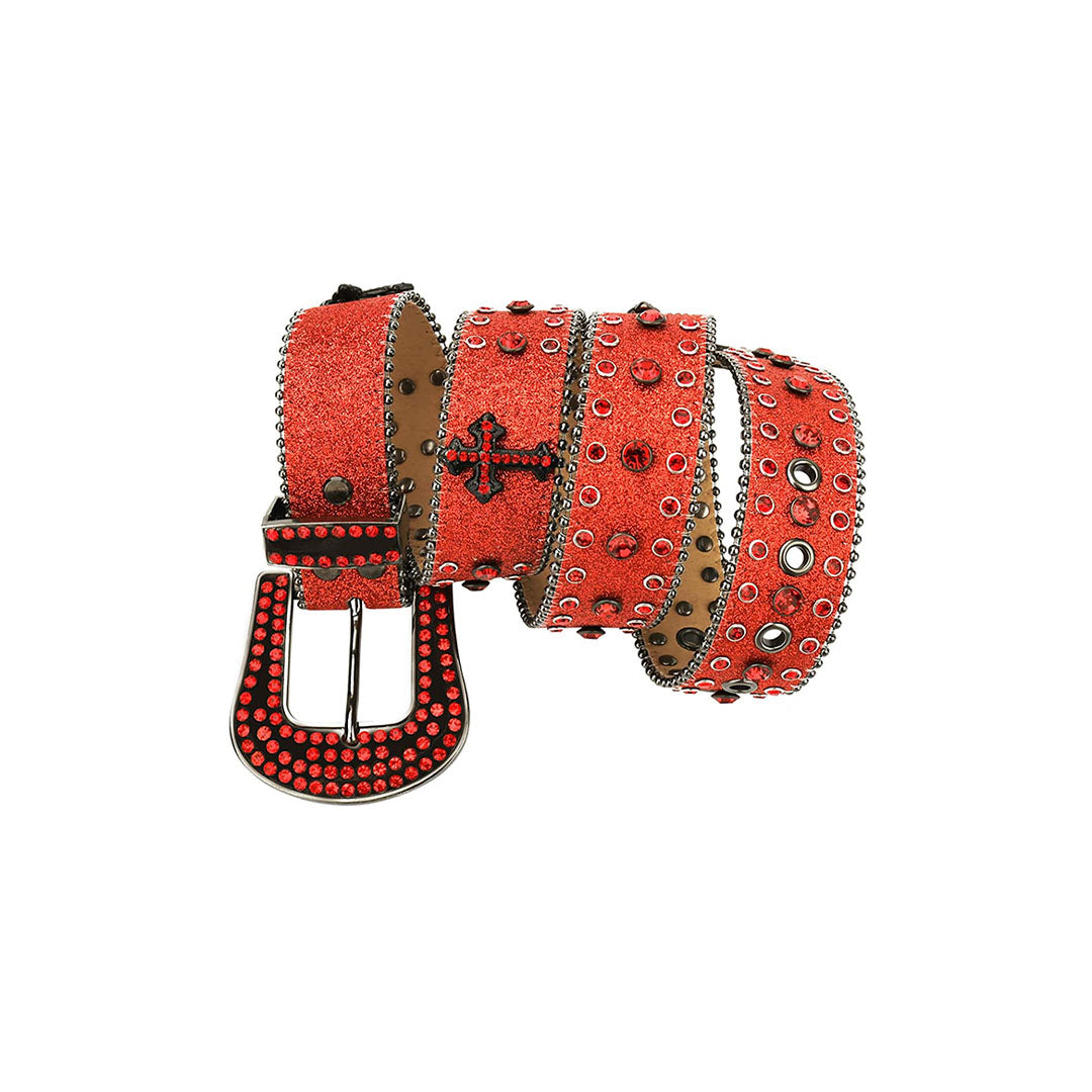 Western Bling Red Strap With Red Studded Cross Rhinestone Belt