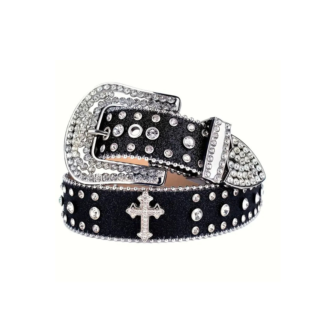 Western Bling Black Strap With Crystal Studded Cross Rhinestone Belt