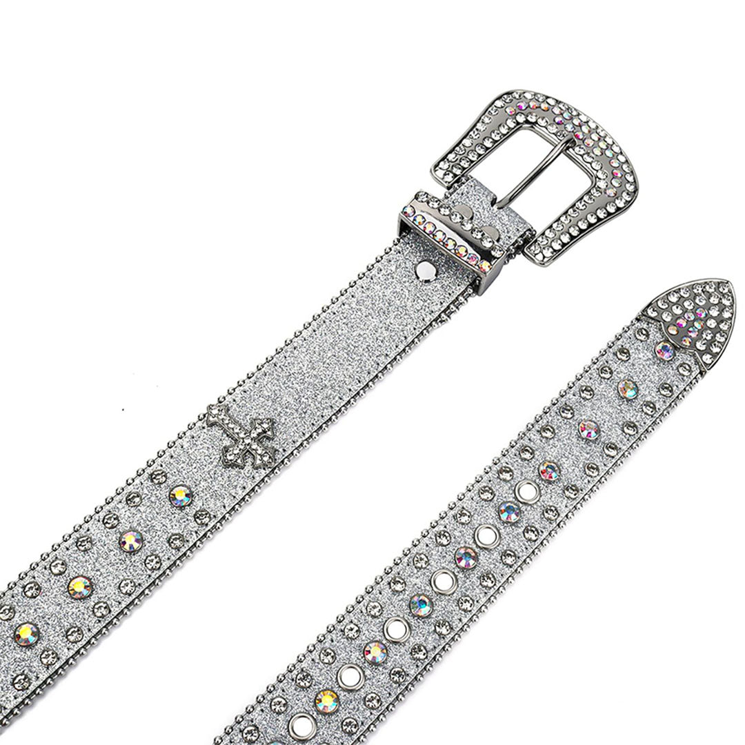 Western Bling Silver Strap With Crystal Studded Cross Rhinestone Belt