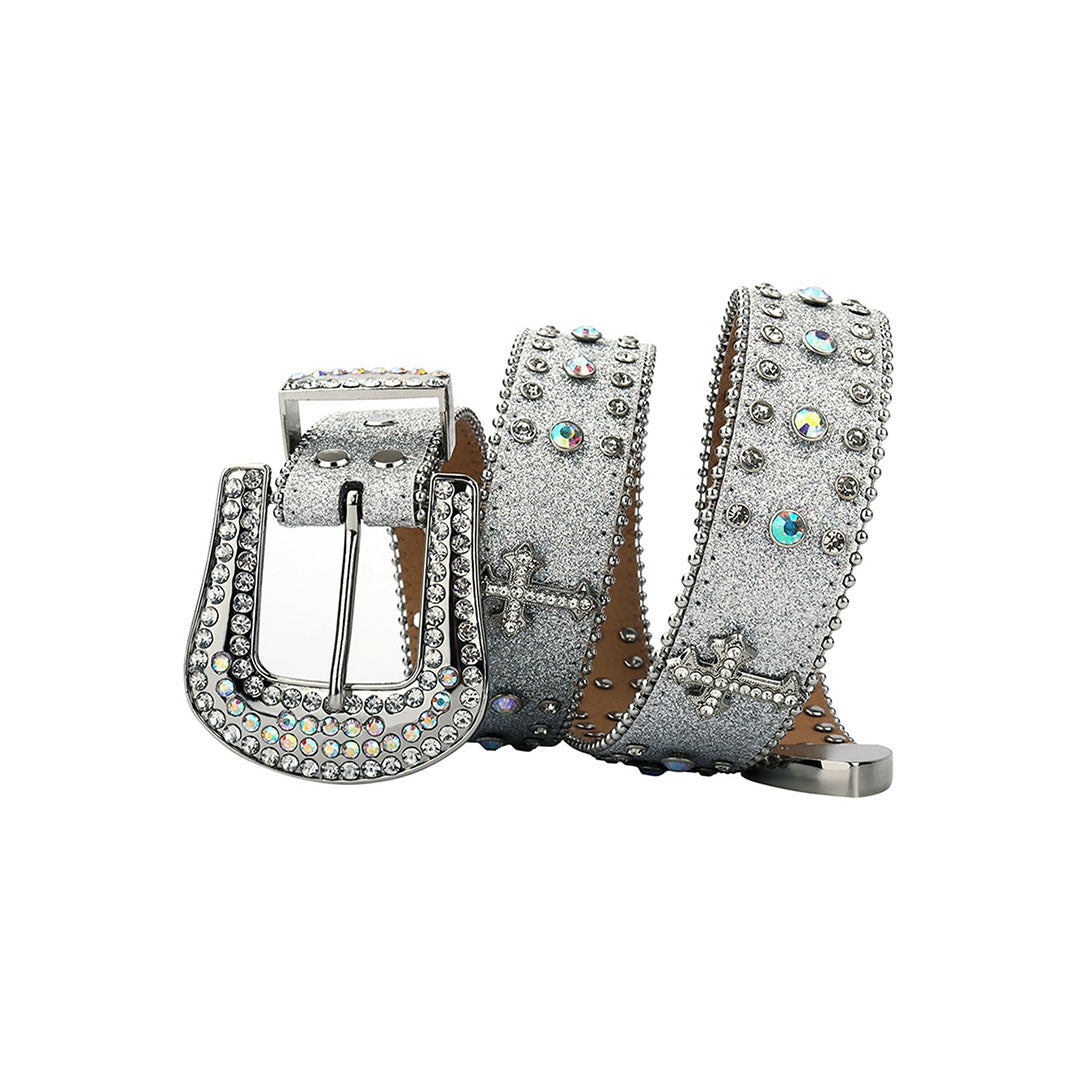 Western Bling Silver Strap With Crystal Studded Cross Rhinestone Belt