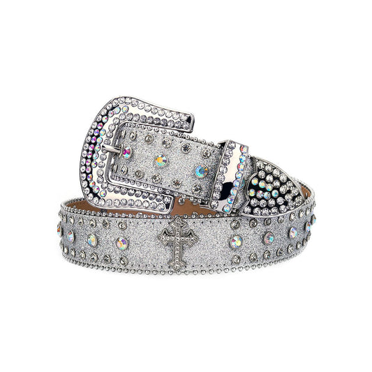 Western Bling Silver Strap With Crystal Studded Cross Rhinestone Belt