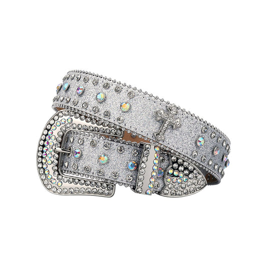 Western Bling Silver Strap With Crystal Studded Cross Rhinestone Belt