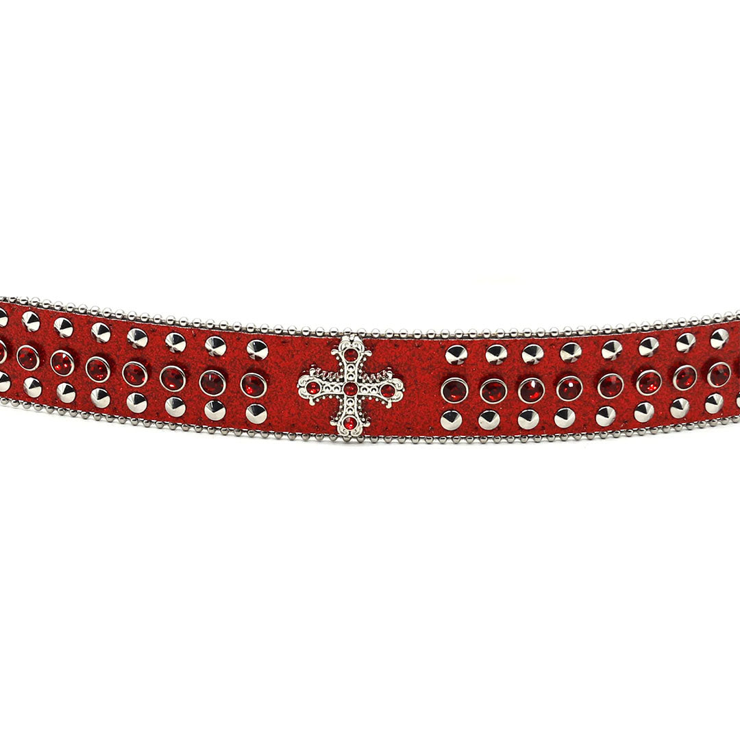 Red Strap With Metal Studded Cross Rhinestone Belt