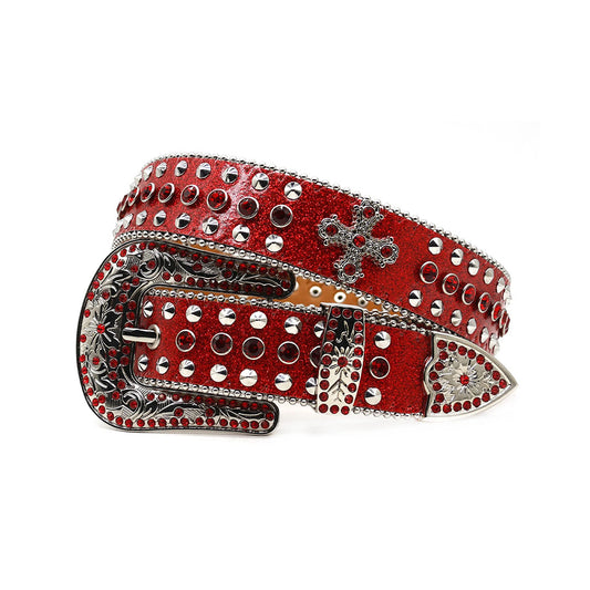 Red Strap With Metal Studded Cross Rhinestone Belt