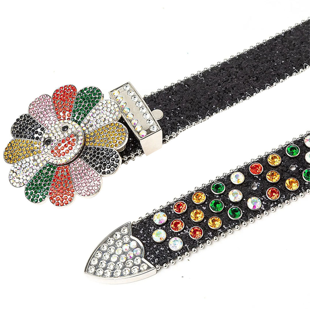 Floral Buckle Black Strap With Multi Studded Rhinestone Belt