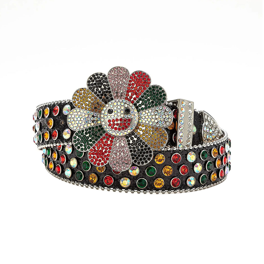 Floral Buckle Black Strap With Multi Studded Rhinestone Belt