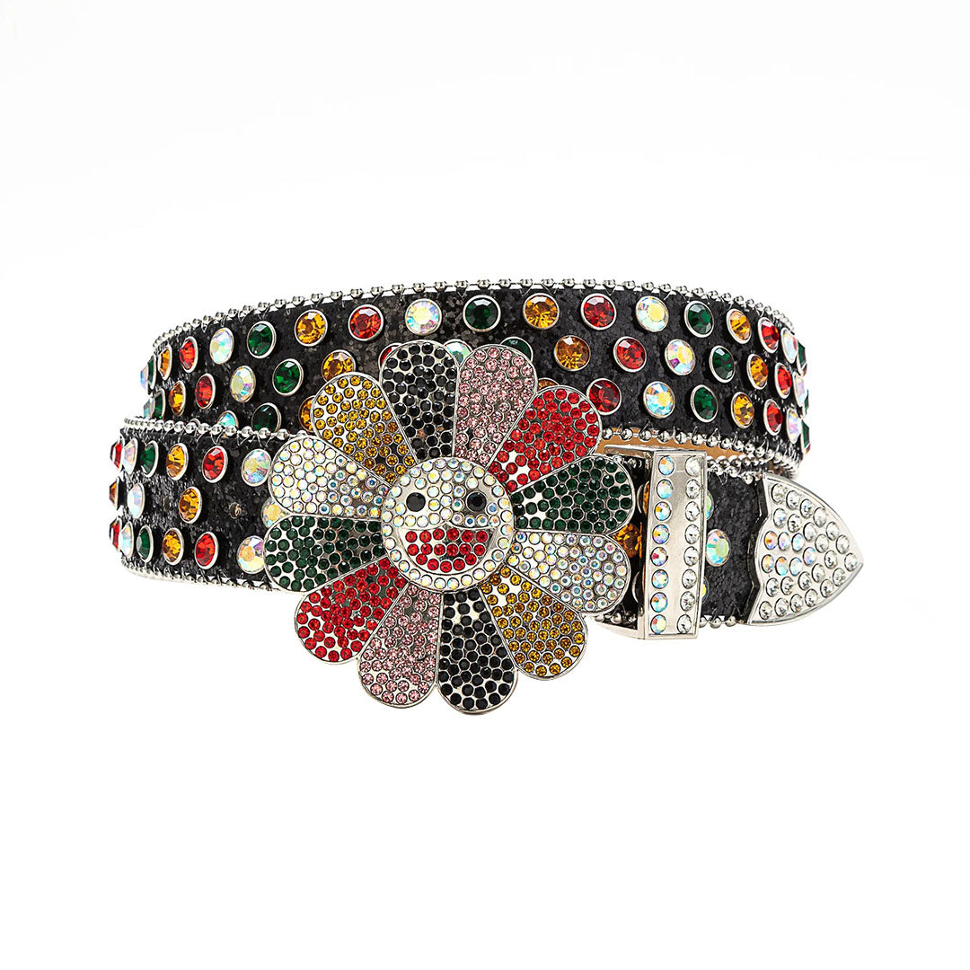 Floral Buckle Black Strap With Multi Studded Rhinestone Belt