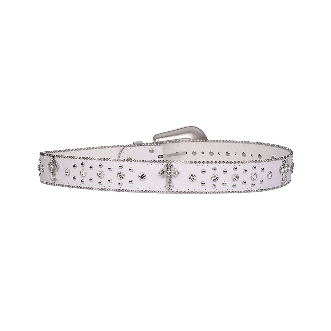 Engraved Buckle White Strap With Crystal Studded Cross Rhinestone Belt