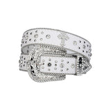 Engraved Buckle White Strap With Crystal Studded Cross Rhinestone Belt