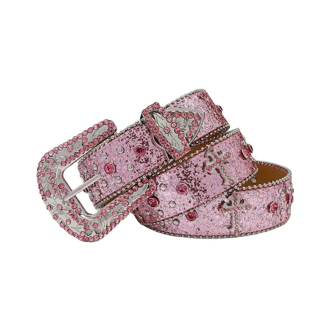 Shiny Pink Strap With Crystal Studded Cross Rhinestone Belt