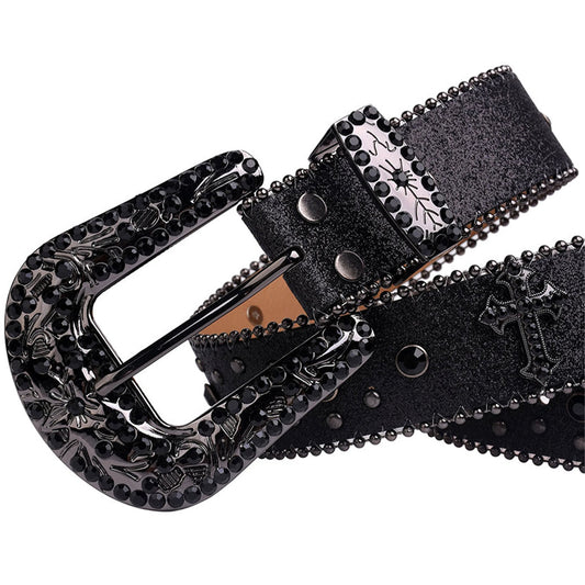 All Black Cross Symbol Studded Rhinestone Belt