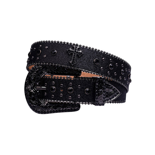 All Black Cross Symbol Studded Rhinestone Belt
