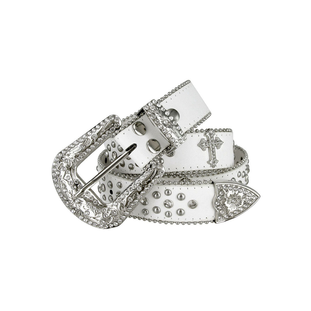 Western Cross Symbol White Strap Studded Rhinestone Belt