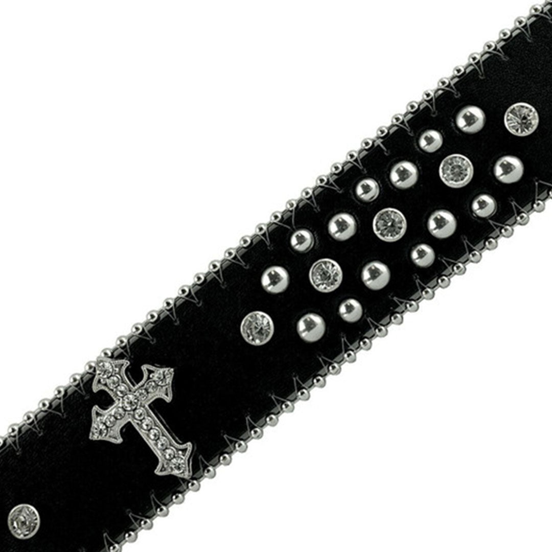 Western Cross Symbol Black Strap Studded Rhinestone Belt