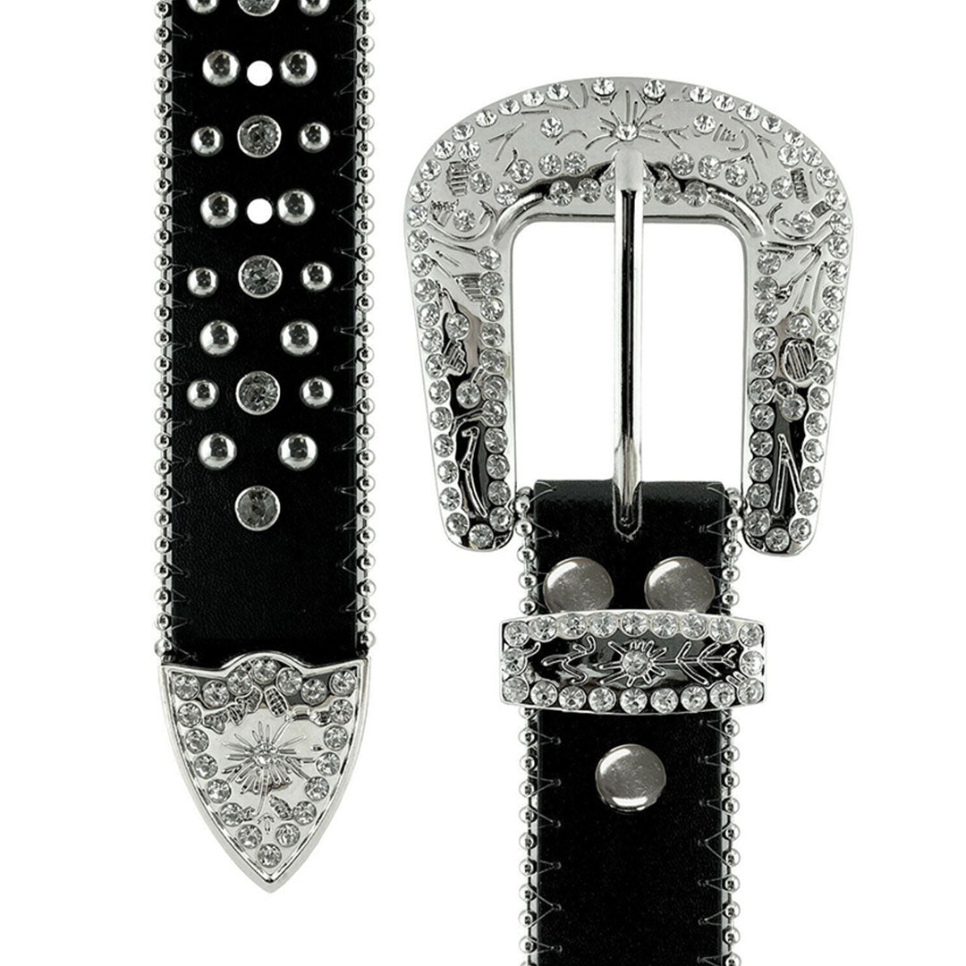 Western Cross Symbol Black Strap Studded Rhinestone Belt