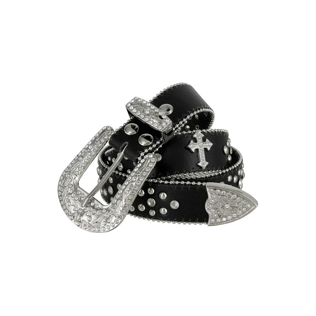 Western Cross Symbol Black Strap Studded Rhinestone Belt