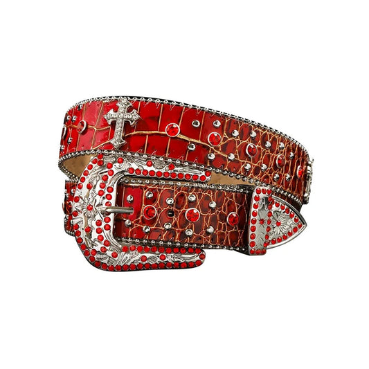 Patterned Red Strap With Red & Metal Studded Cross Belt