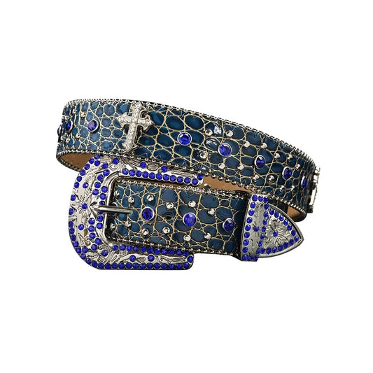 Patterned Blue Strap With Blue Studded Cross Belt