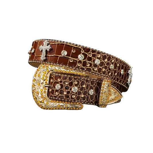 Patterned Brown Strap With Crystal & Metal Studded Cross Belt