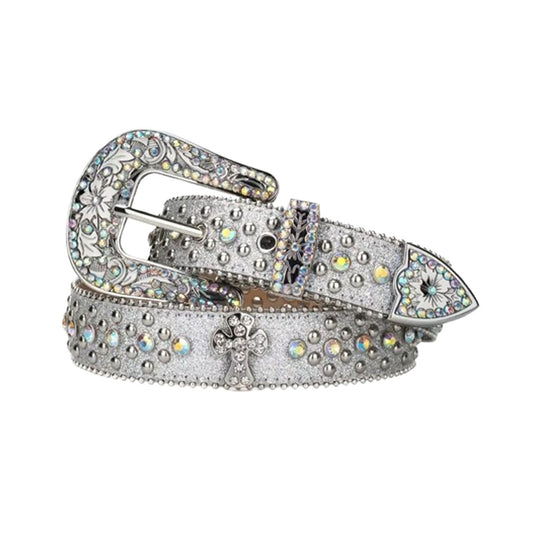Cross Bling Silver Strap With Crystal Studded Rhinestone Belt