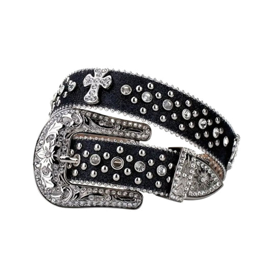Cross Bling Black Strap With Crystal Studded Rhinestone Belt