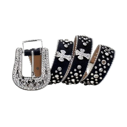 Cross Bling Black Strap With Crystal Studded Rhinestone Belt
