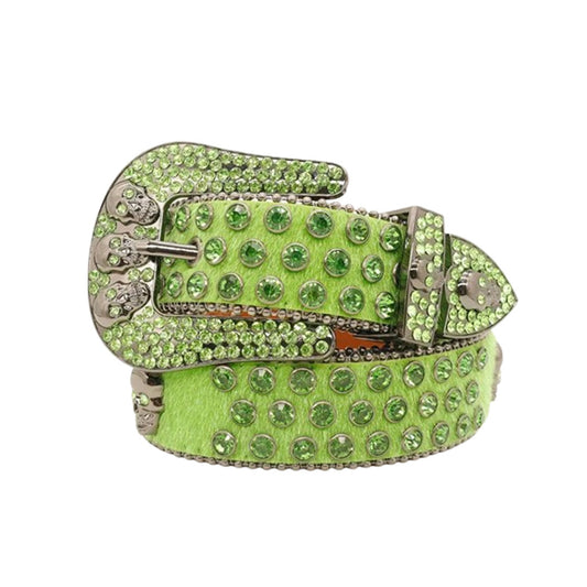 Skull Buckle Suede Green Strap With Green Studded Rhinestone Belt