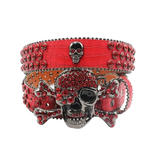 Metal Skull Buckle Red Strap With Red Studded Rhinestone Belt
