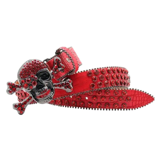 Metal Skull Buckle Red Strap With Red Studded Rhinestone Belt