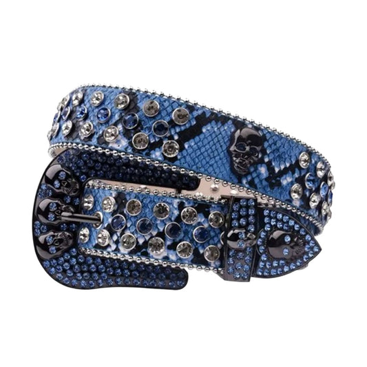 Skull Buckle Patterned Blue Strap With Blue & Crystal Studded Rhinestone Belt