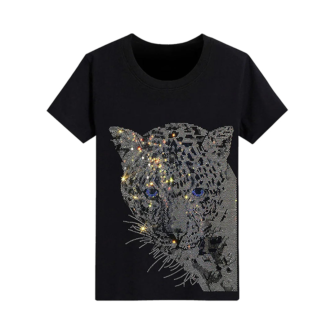 Leopard Print Fashion Drizzle Rhinestone T-shirt