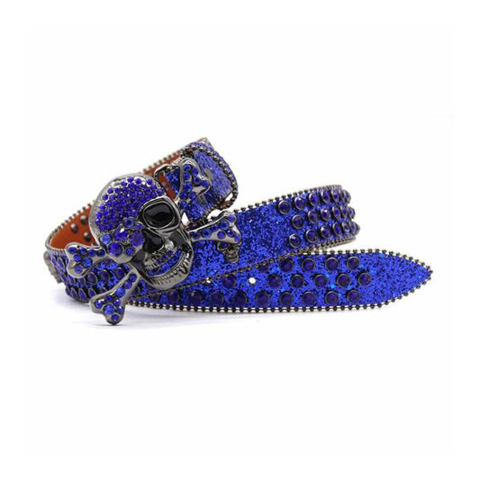 Metal Skull Buckle Shiny Blue Strap With Blue Studded Rhinestone Belt